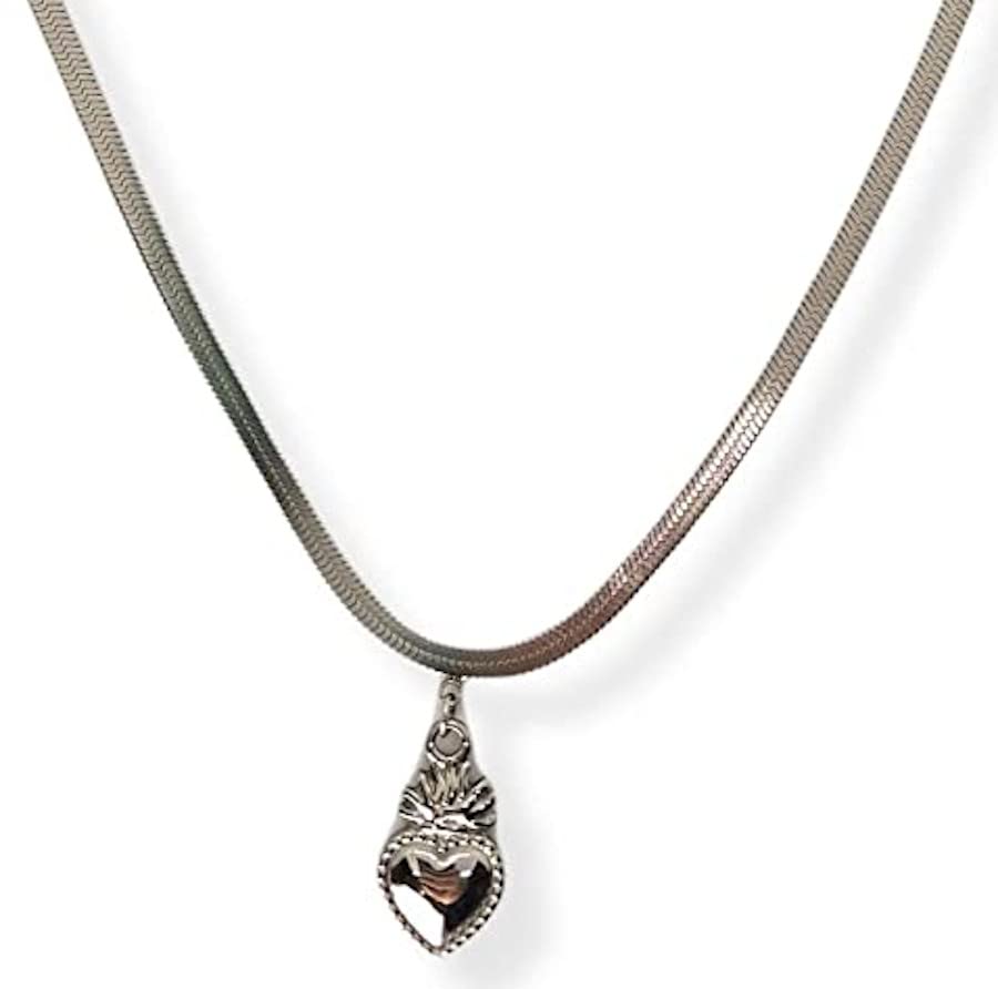 Habibi Jewels Collana da Donna in Acciaio Modello Piatto Snake con Ciondolo Sacro Cuore Ex Voto Idea Regalo Compleanno Festa della Mamma Natale