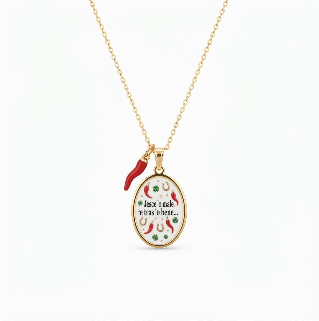 Habibi Jewels Collana con Ciondolo Portafortuna Jesce 'o male e tras 'o bene in Acciaio Gold Portafortuna Scaramantica Charm Napoletano Idea Regalo