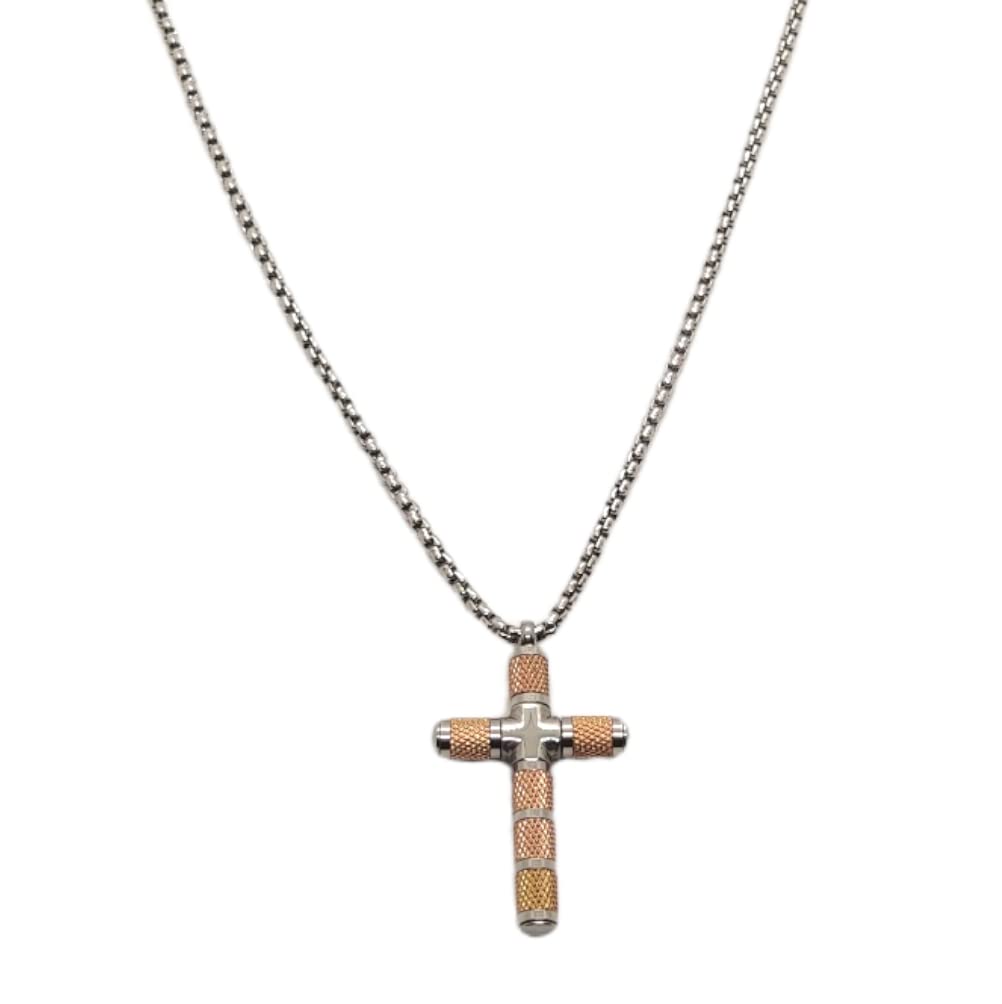 Habibi Jewels Collana Croce Acciaio Uomo Stilizzata Color Oro Rosa Rosé Catena a Maglia Festa del Papà Idea Regalo Compleanno Laurea