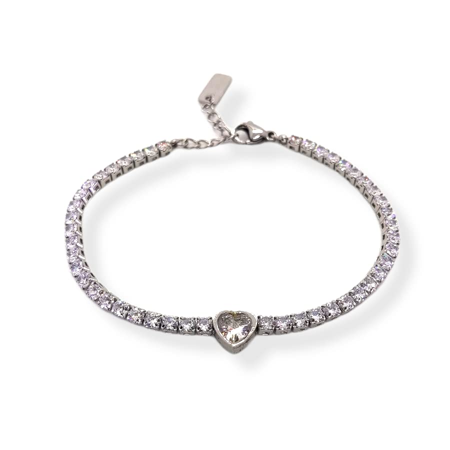 Habibi Jewels Bracciale Tennis Donna in Acciaio con Cuore Brillantino Bianco e Strass Brillantini Braccialetto Idea Regalo Festa della Mamma Compleanno Laurea