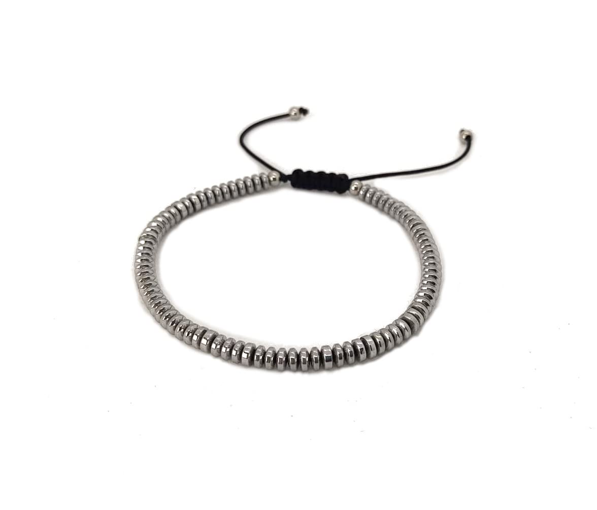 Habibi Jewels Bracciale da Uomo in Pietre Dure Rondelle Ematite 4 mm con Elementi in Acciaio e Chiusura Scorrevole Finitura Lucida Creazione artigianale, Made in Italy, Fatto a Mano