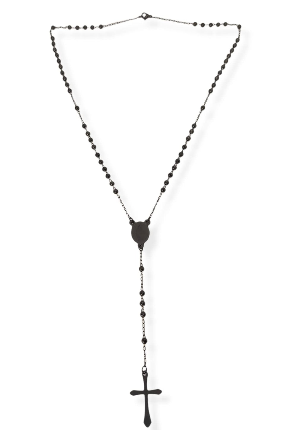 Habibi Jewels Collana Rosario in Acciaio da Uomo Donna Nera Grani Perline 4 mm Medaglietta Madonnina e Ciondolo Croce Idea Regalo Compleanno Laurea Onomastico Comunione
