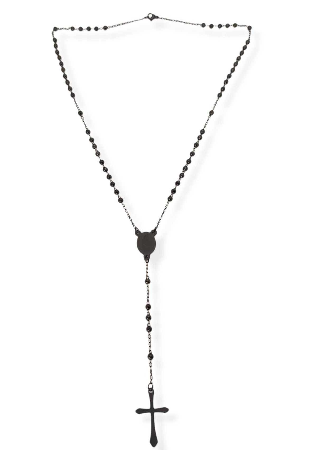 Habibi Jewels Collana Rosario in Acciaio da Uomo Donna Nera Grani Perline 4 mm Medaglietta Madonnina e Ciondolo Croce Idea Regalo Compleanno Laurea Onomastico Comunione