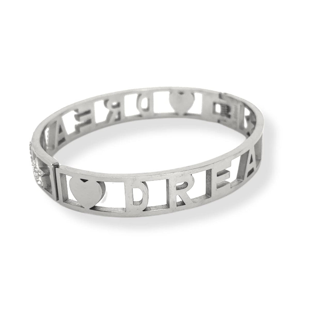 Habibi Jewels Bracciale Scritta Donna Acciaio Modello Rigido DREAM Sogno e Zirconi Bianchi Braccialetto Chiusura a Manetta Bracelet for woman Regalo Festa della Mamma Laurea Compleanno