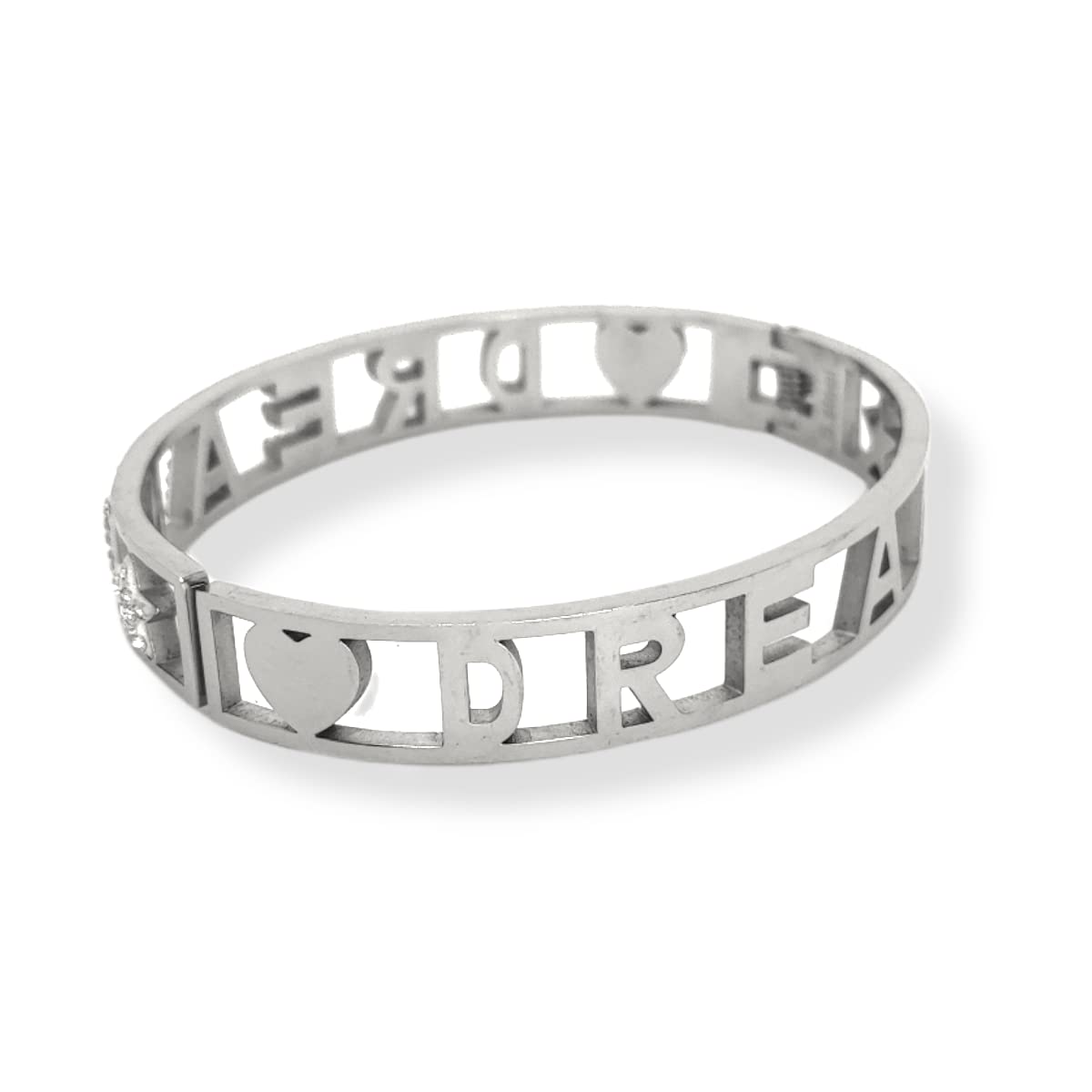 Habibi Jewels Bracciale Scritta Donna Acciaio Modello Rigido DREAM Sogno e Zirconi Bianchi Braccialetto Chiusura a Manetta Bracelet for woman Regalo Festa della Mamma Laurea Compleanno