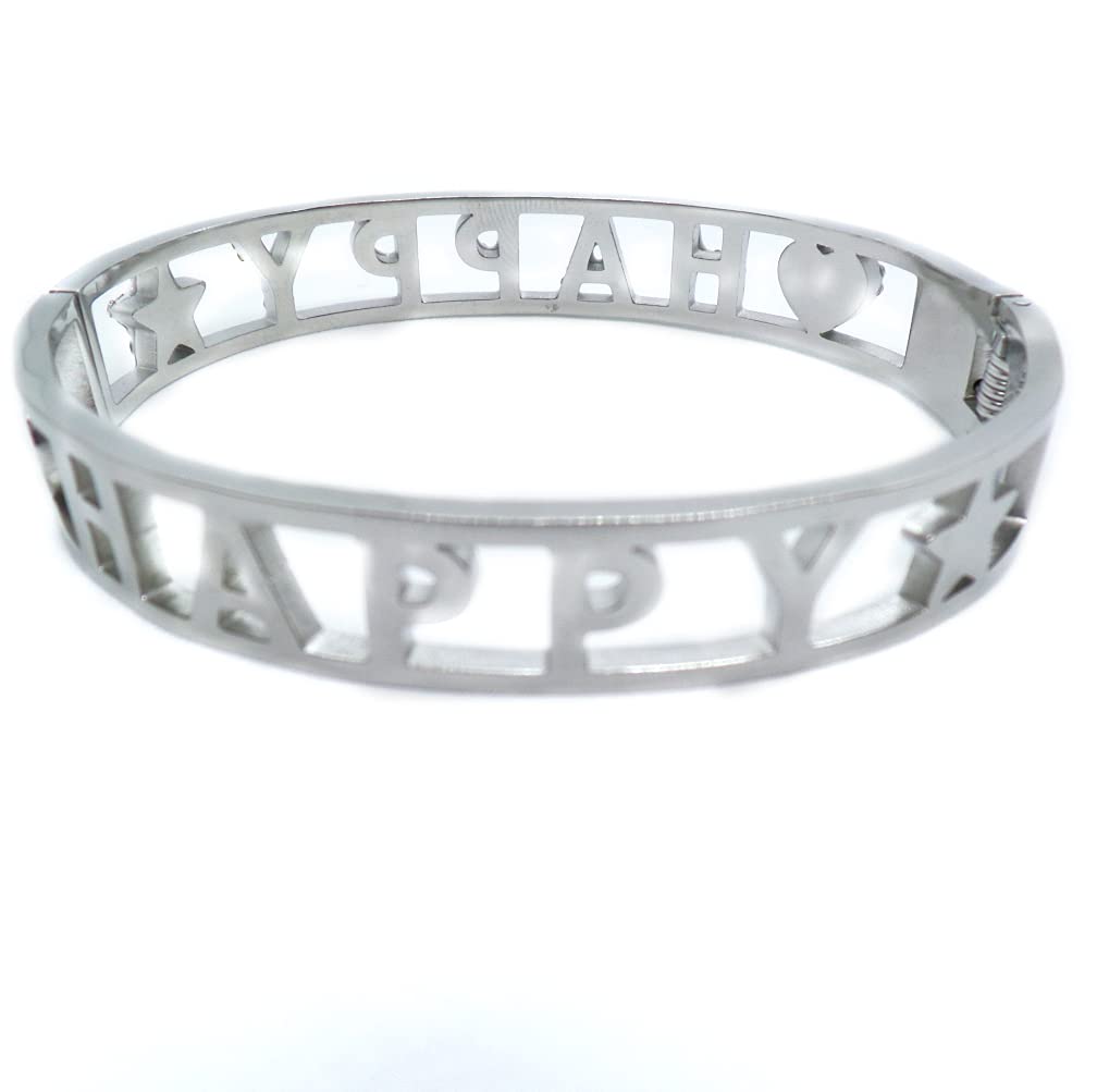 Habibi Jewels Bracciale Happy in Acciaio rigido da Donna Scritta zirconi bianchi braccialetto Chiusura a Manetta bracelet for woman Idea Regalo Compleanno Laurea Amicizia Amore