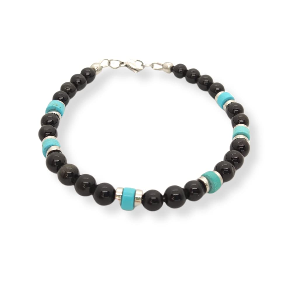 Habibi Jewels Bracciale Uomo Donna pietre dure Onice da 6 mm turchese a rondelle dischetti in acciaio cavo ed elementi in acciaio Idea Regalo Bijoux Gioiello