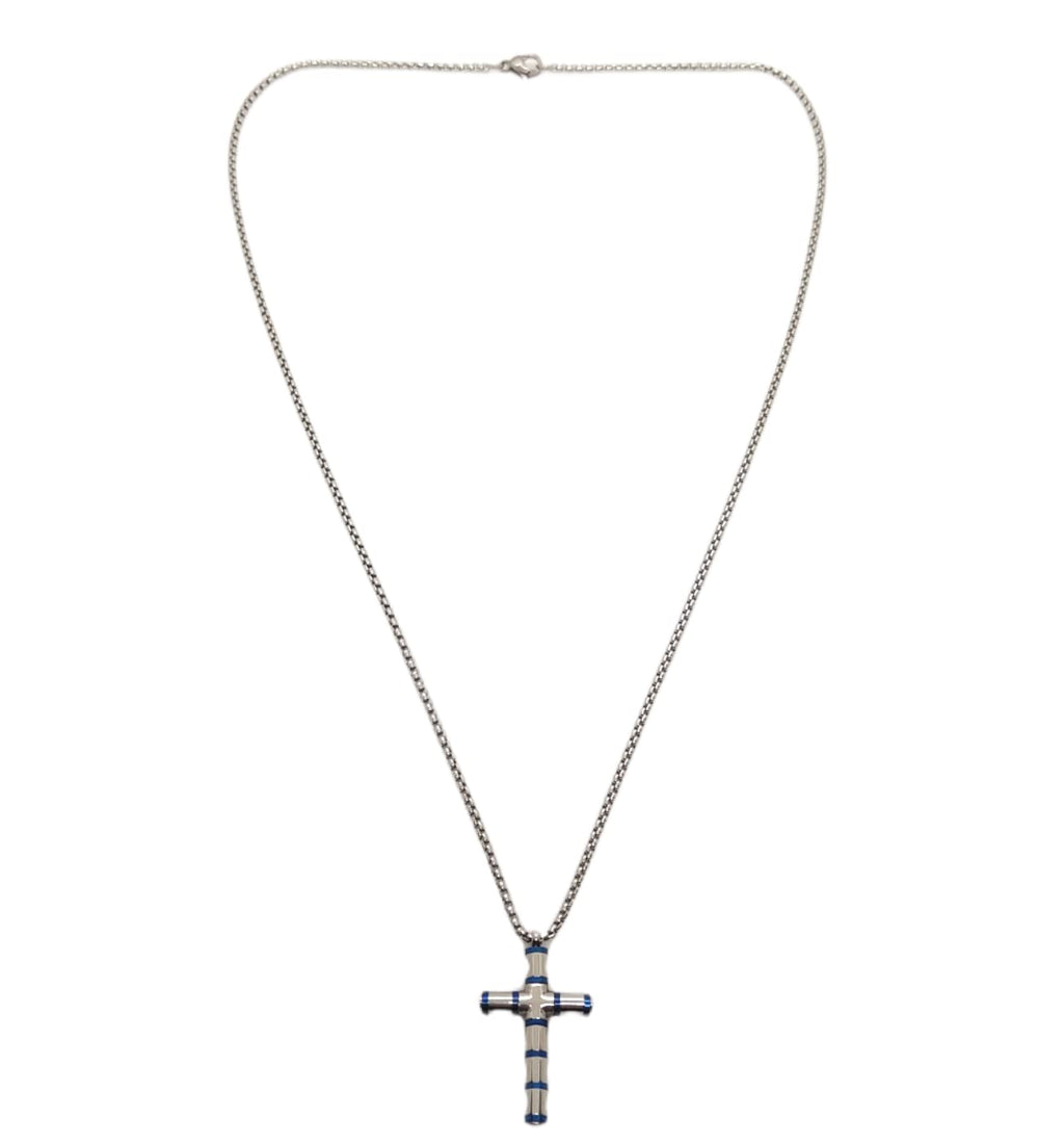 Habibi Jewels Collana Croce Acciaio Uomo Blu Lucida Catena a Maglia Festa del Papà Idea Regalo Compleanno Laurea