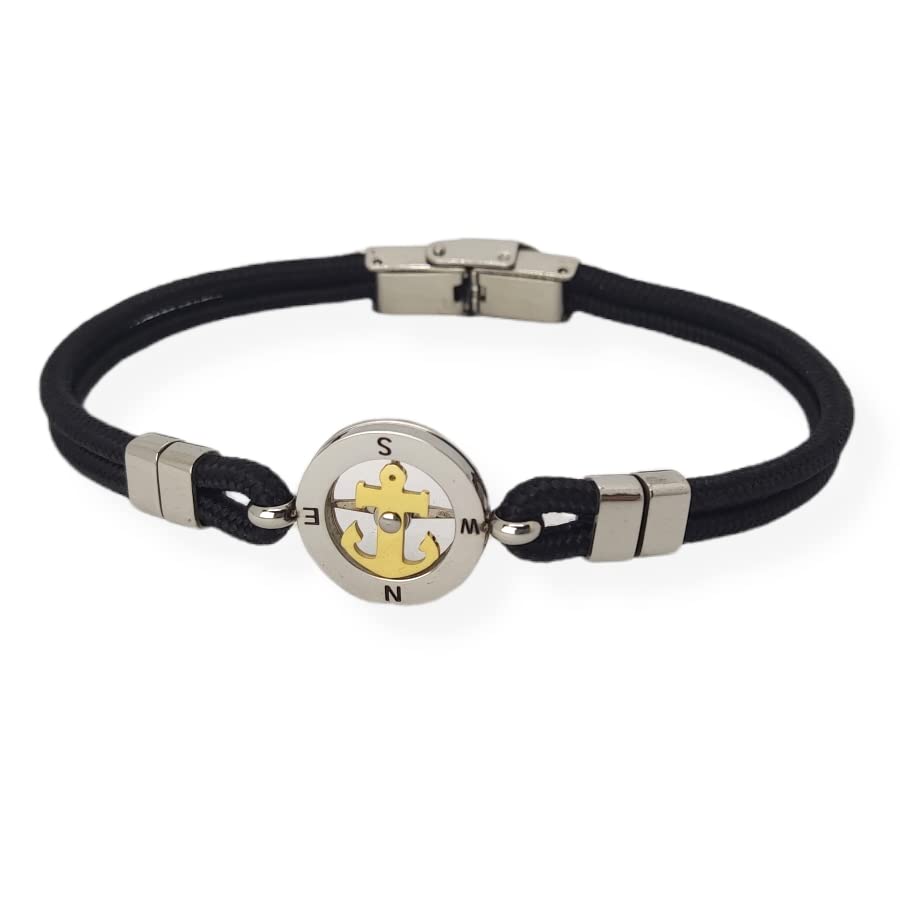 Habibi Jewels Bracciale Ancora Uomo in Acciaio e Cordino Nero con Centrale Dorata Chiusura ad Incastro Braccialetto Navy Idea Regalo Festa del Papà Compleanno Laurea
