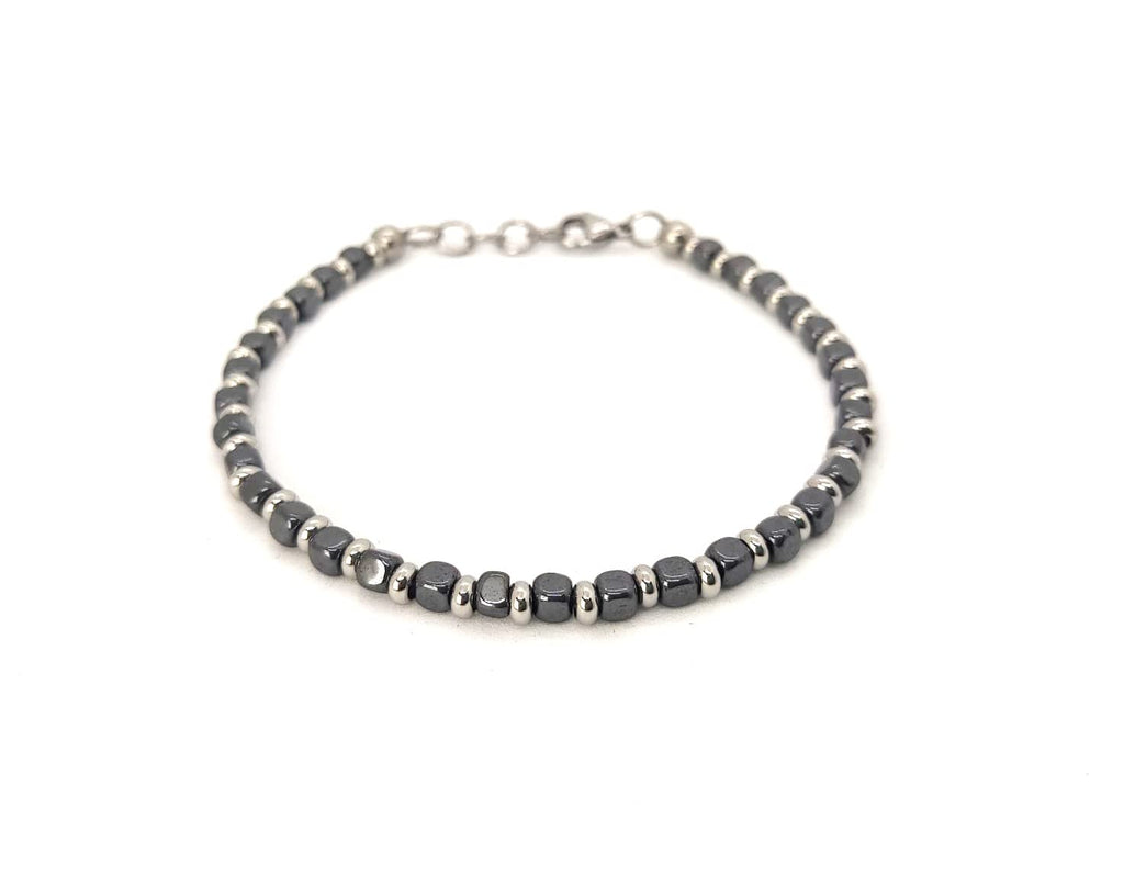 Bracciale da Uomo in Acciaio con Pietre Dure Cubi Ematite Dischetti in Acciaio Chiusura a Moschettone Lunghezza Regolabile Finitura Lucida Lavorazione Artigianale Fatto a Mano Made in Italy