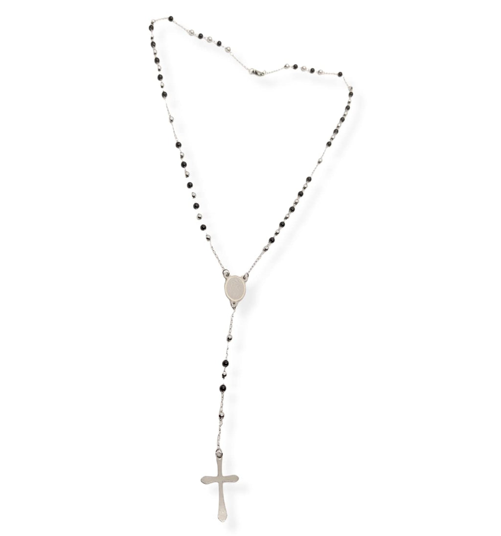 Habibi Jewels Collana Rosario in Acciaio da Uomo Donna Silver e Nero Grani Perline 4 mm Medaglietta Madonnina e Ciondolo Croce Idea Regalo Compleanno Laurea Onomastico Comunione