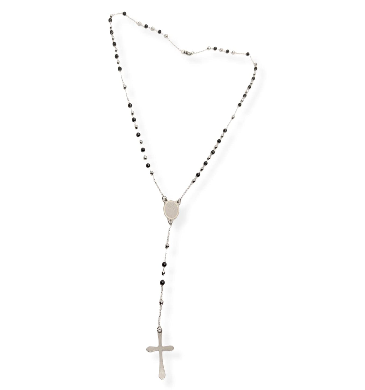 Habibi Jewels Collana Rosario in Acciaio da Uomo Donna Silver e Nero Grani Perline 4 mm Medaglietta Madonnina e Ciondolo Croce Idea Regalo Compleanno Laurea Onomastico Comunione