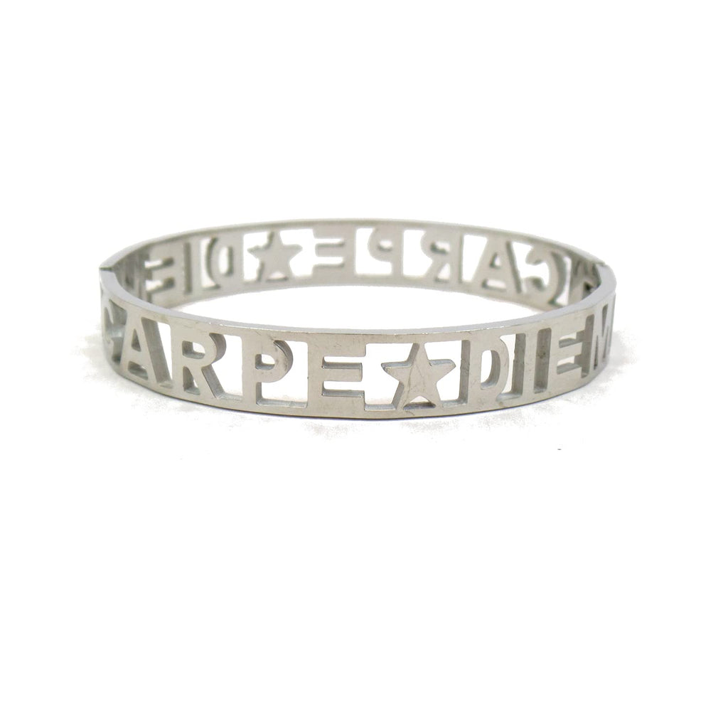 Habibi Jewels Bracciale Carpe Diem Frase Donna Acciaio Modello Rigido con Scritta e Zirconi Bianchi Braccialetto Bracciale Cogli l'attimo Chiusura a Manetta Idea Regalo