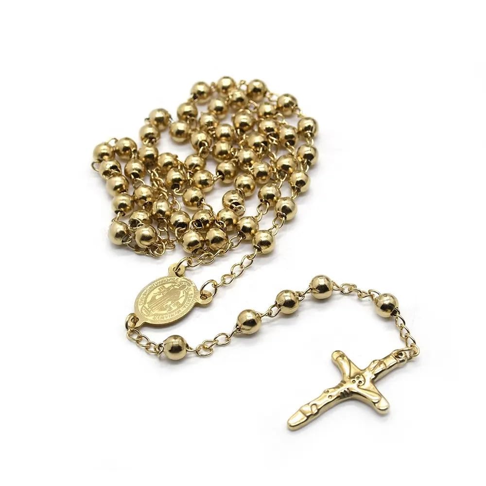 Habibi Jewels Collana Rosario in Acciaio da Uomo Donna Gold Oro Giallo Dorata Grani Perline 6 mm Dorata Medaglietta Madonnina e Ciondolo Croce Idea Regalo Compleanno Laurea Onomastico Comunione