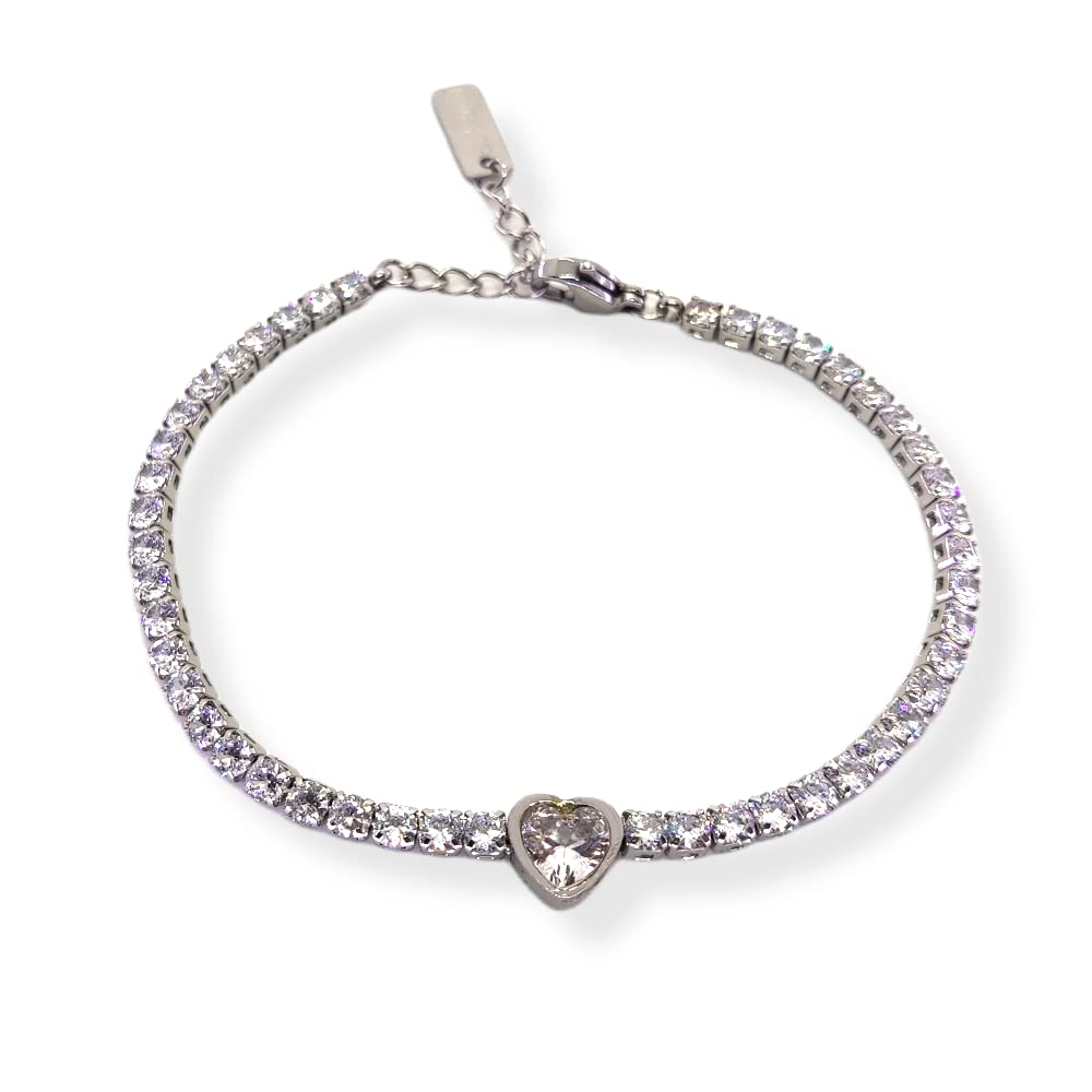 Habibi Jewels Bracciale Tennis Donna in Acciaio con Cuore Brillantino Bianco e Strass Brillantini Braccialetto Idea Regalo Festa della Mamma Compleanno Laurea