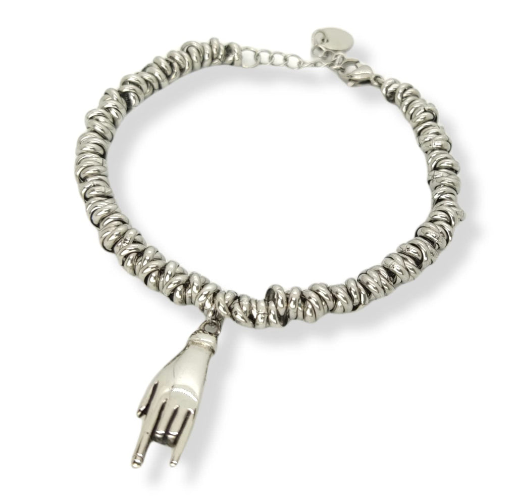 Habibi Jewels Bracciale Portafortuna Donna Acciaio con Nodini Cerchietti Intrecciati con Ciondolo Pendente a Forma di Mano Corna Braccialetto Bracelet for Woman Gioiello Bijoux Idea Regalo