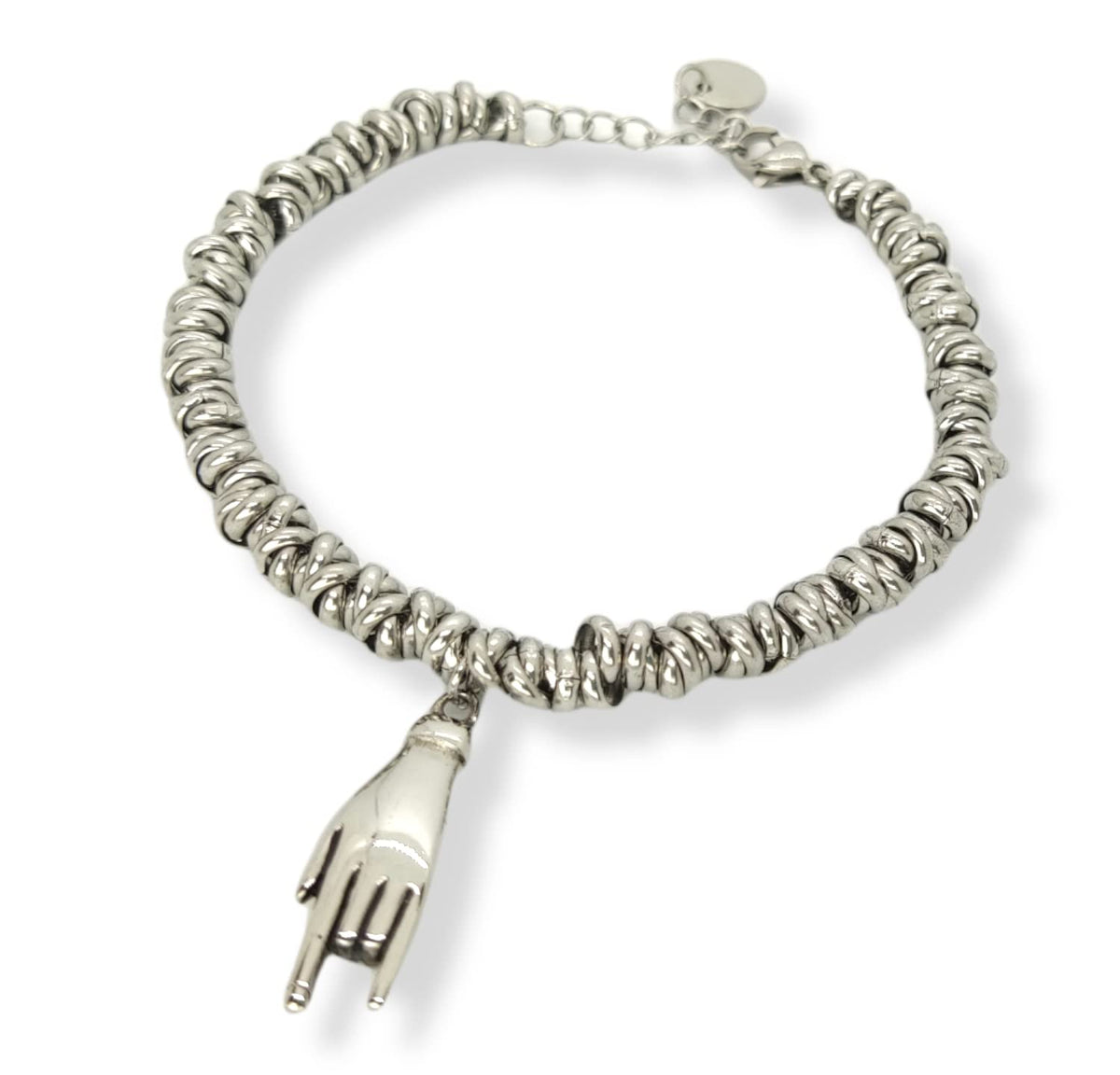 Habibi Jewels Bracciale Portafortuna Donna Acciaio con Nodini Cerchietti Intrecciati con Ciondolo Pendente a Forma di Mano Corna Braccialetto Bracelet for Woman Gioiello Bijoux Idea Regalo