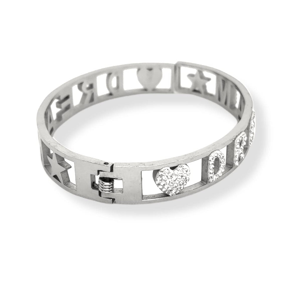 Habibi Jewels Bracciale Scritta Donna Acciaio Modello Rigido DREAM Sogno e Zirconi Bianchi Braccialetto Chiusura a Manetta Bracelet for woman Regalo Festa della Mamma Laurea Compleanno