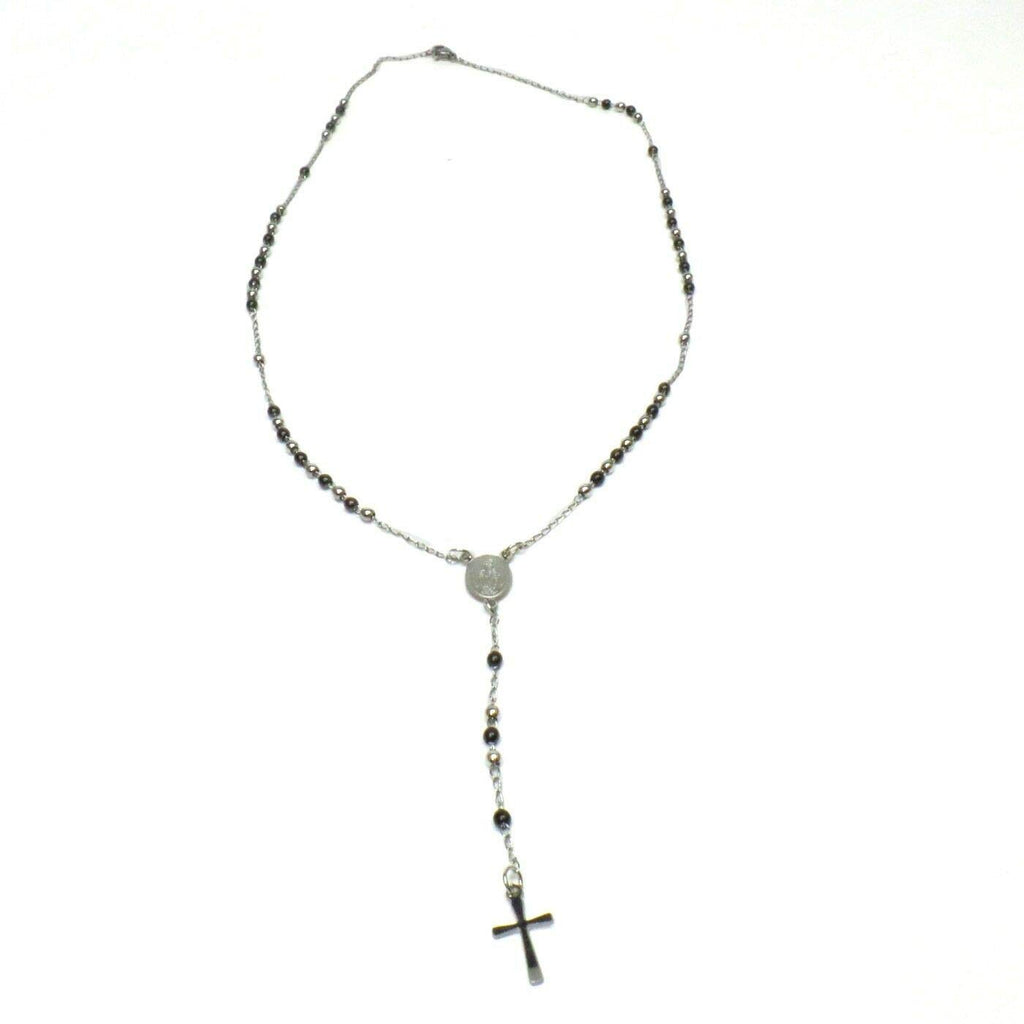 Habibi Jewels Collana Rosario in Acciaio da Uomo Donna Silver e Nero Grani Perline Medaglietta Madonnina e Ciondolo Croce Idea Regalo Compleanno Laurea Onomastico Comunione