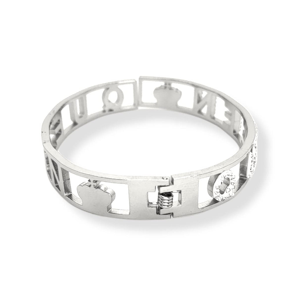 Habibi Jewels Bracciale Scritta Donna Acciaio Modello Rigido QUEEN Regina e Zirconi Bianchi Braccialetto Bracelet for woman Chiusura a Manetta Regalo Festa della Mamma Laurea Compleanno