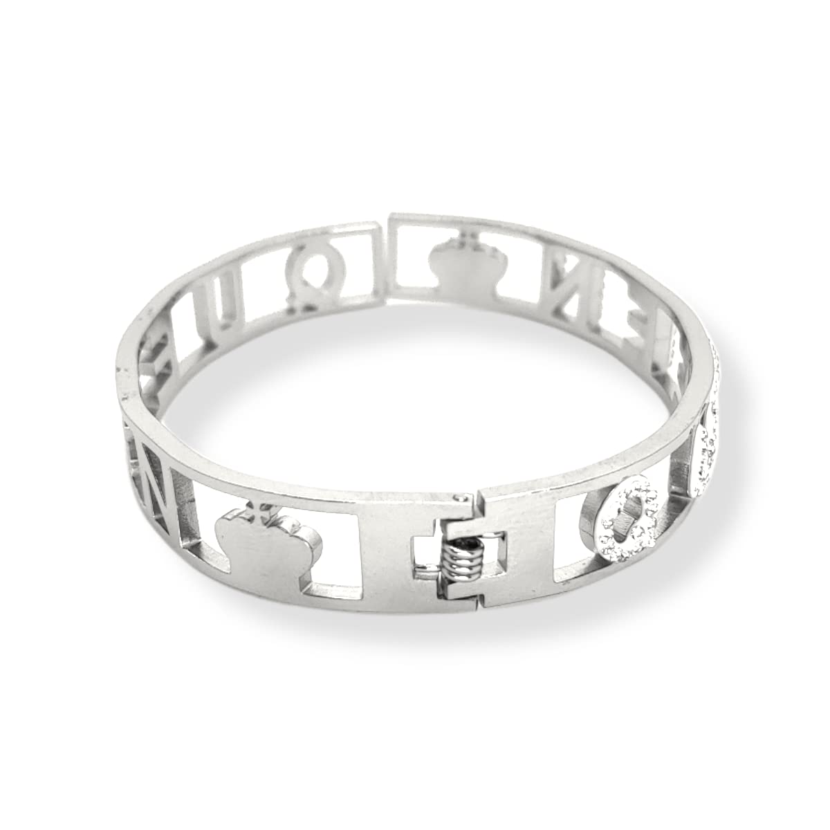 Habibi Jewels Bracciale Scritta Donna Acciaio Modello Rigido QUEEN Regina e Zirconi Bianchi Braccialetto Bracelet for woman Chiusura a Manetta Regalo Festa della Mamma Laurea Compleanno