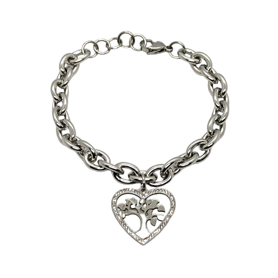 Bracciale da Donna in Acciaio con Cuore Albero della Vita Zirconi Brillantini Catena a Maglia Larga Braccialetto Compleanno Laurea Onomastico Festa della Mamma Festa della Donna Amicizia