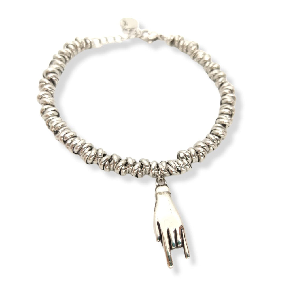 Habibi Jewels Bracciale Portafortuna Donna Acciaio con Nodini Cerchietti Intrecciati con Ciondolo Pendente a Forma di Mano Corna Braccialetto Bracelet for Woman Gioiello Bijoux Idea Regalo