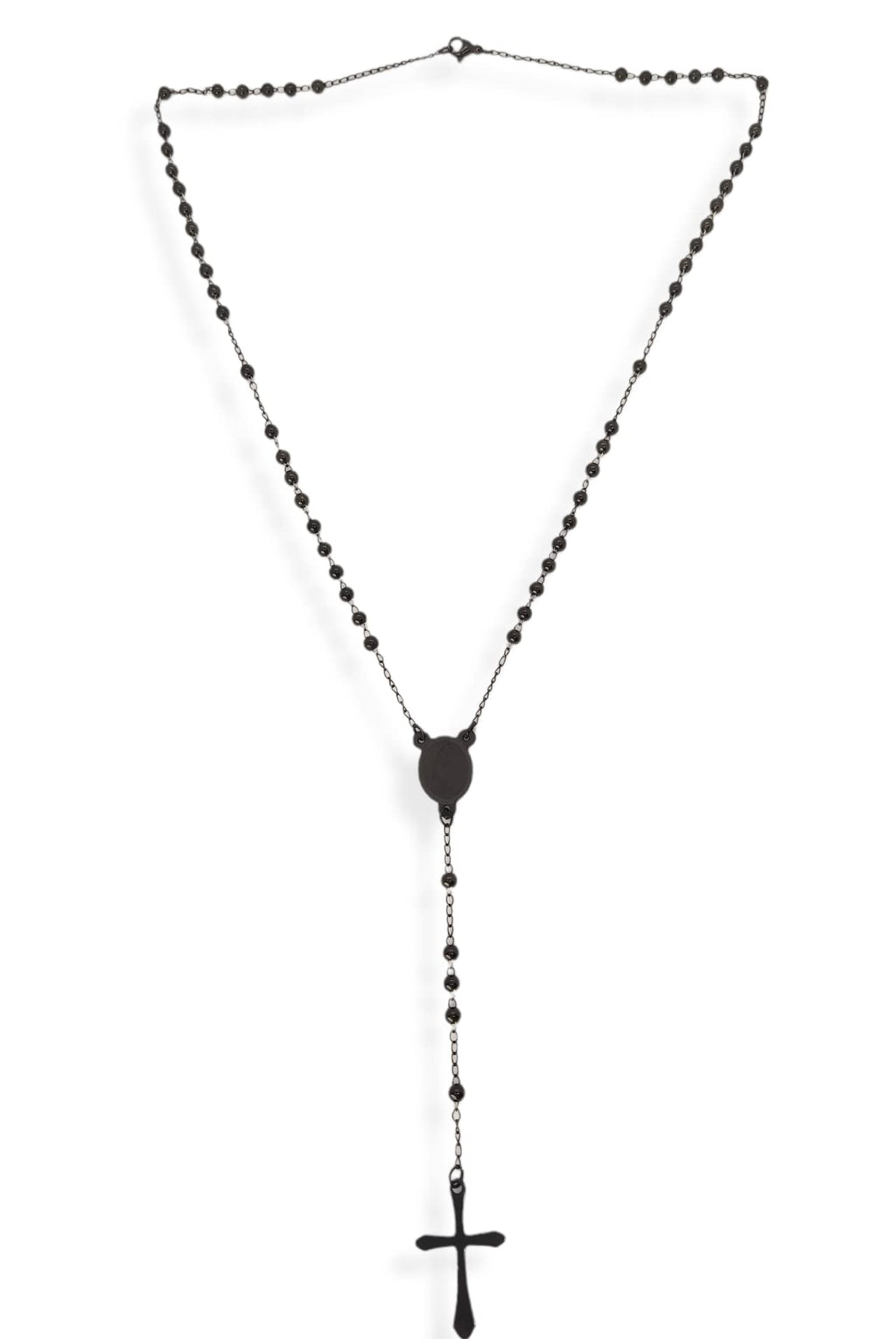 Habibi Jewels Collana Rosario in Acciaio da Uomo Donna Nera Grani Perline 4 mm Medaglietta Madonnina e Ciondolo Croce Idea Regalo Compleanno Laurea Onomastico Comunione