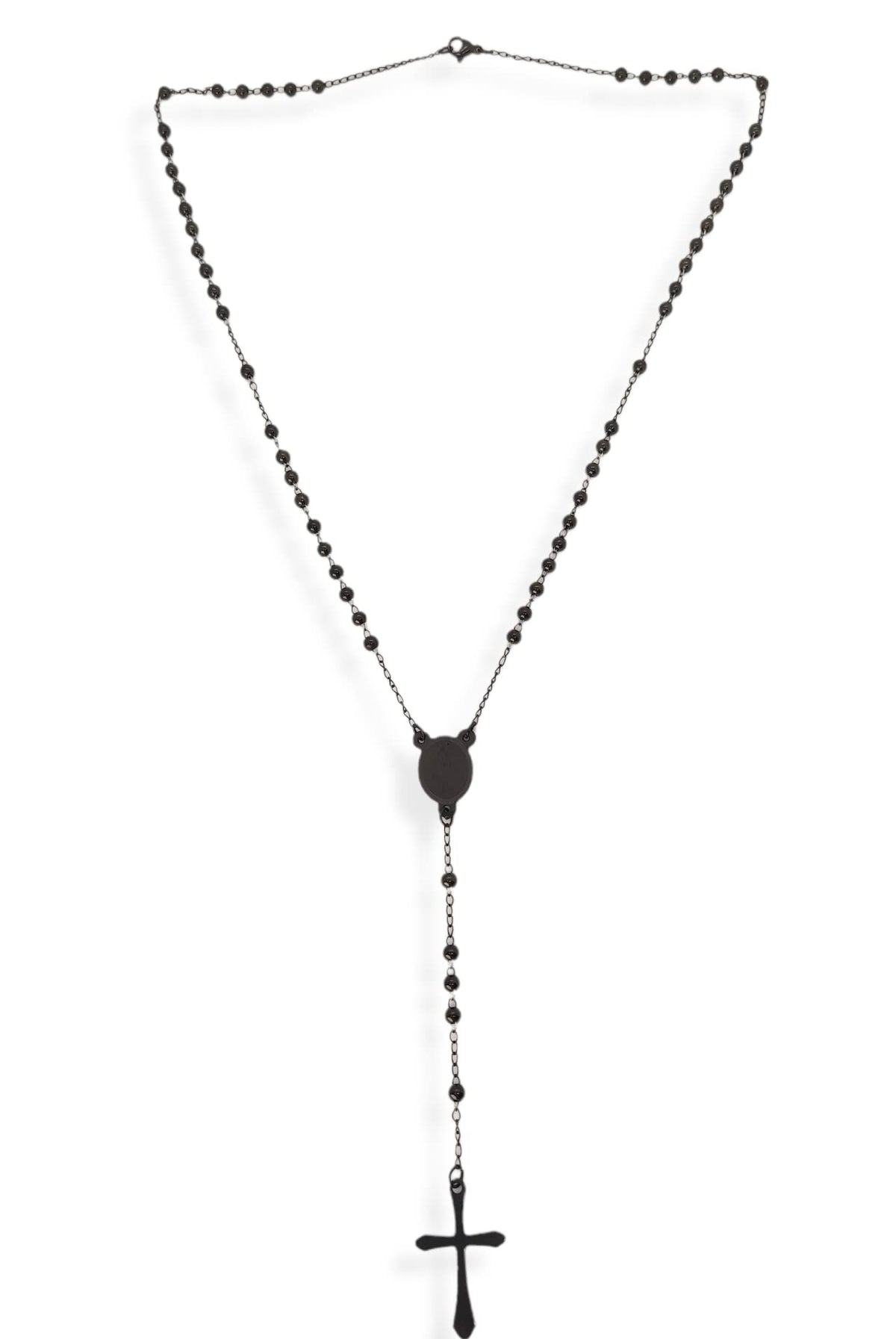 Habibi Jewels Collana Rosario in Acciaio da Uomo Donna Nera Grani Perline 4 mm Medaglietta Madonnina e Ciondolo Croce Idea Regalo Compleanno Laurea Onomastico Comunione