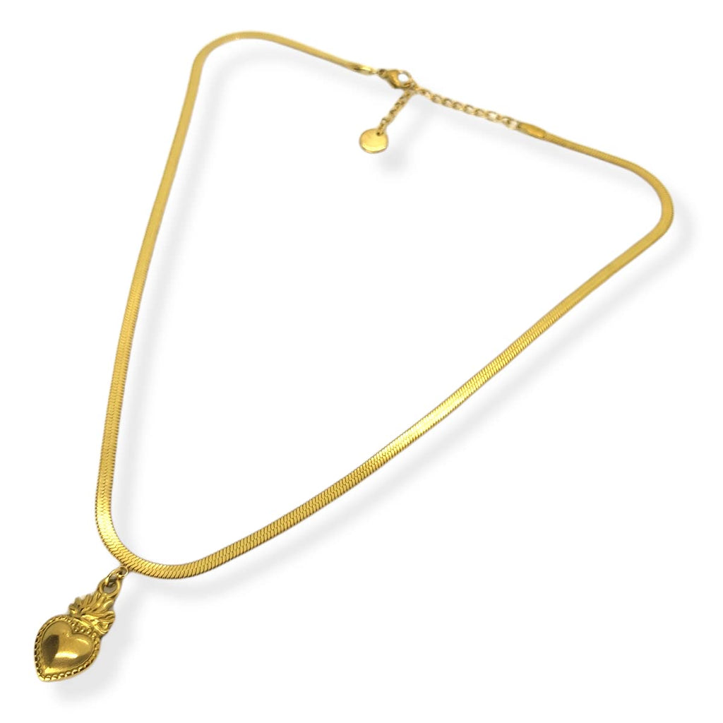Habibi Jewels Collana da Donna in Acciaio Modello Piatto Snake Color Oro Giallo Dorata con Ciondolo Sacro Cuore Ex Voto Idea Regalo Compleanno Festa della Mamma Natale