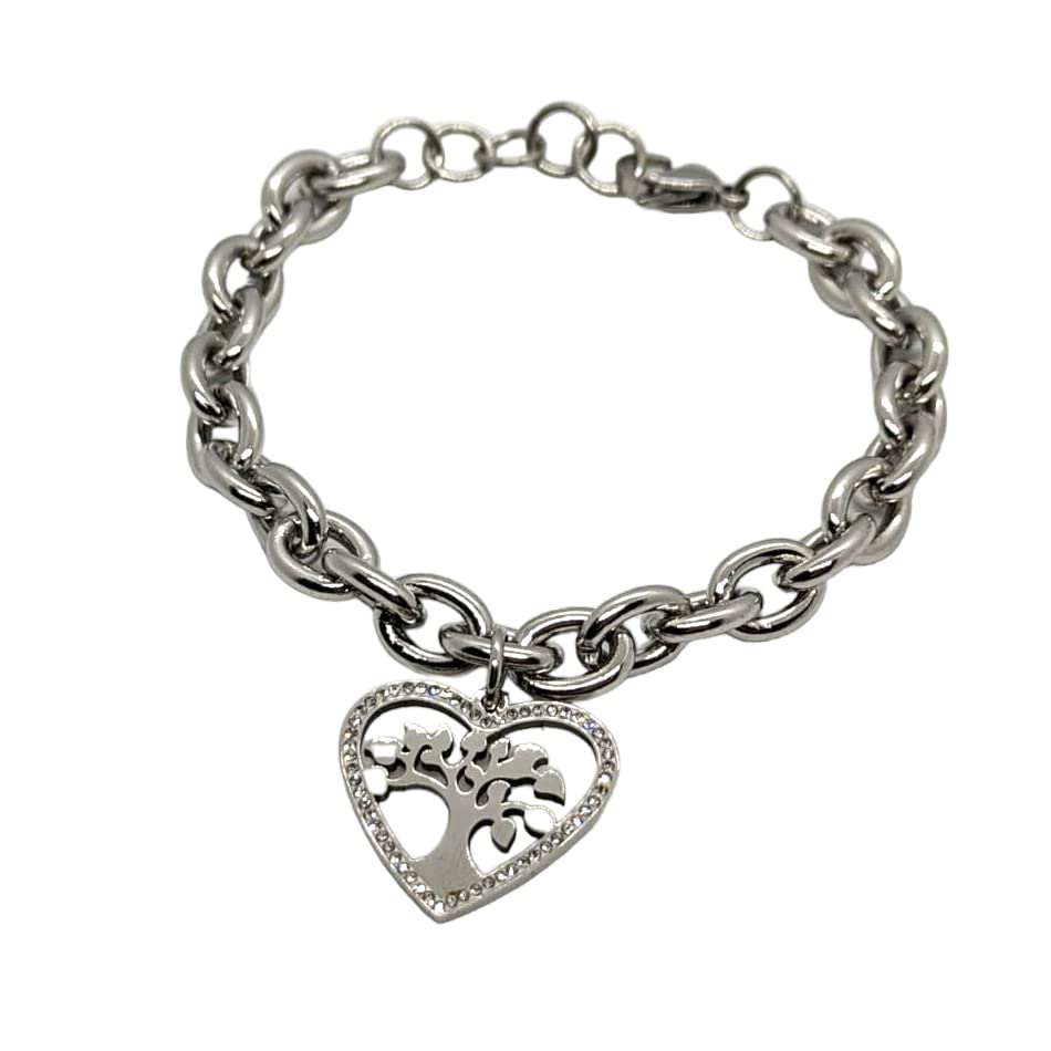 Bracciale da Donna in Acciaio con Cuore Albero della Vita Zirconi Brillantini Catena a Maglia Larga Braccialetto Compleanno Laurea Onomastico Festa della Mamma Festa della Donna Amicizia