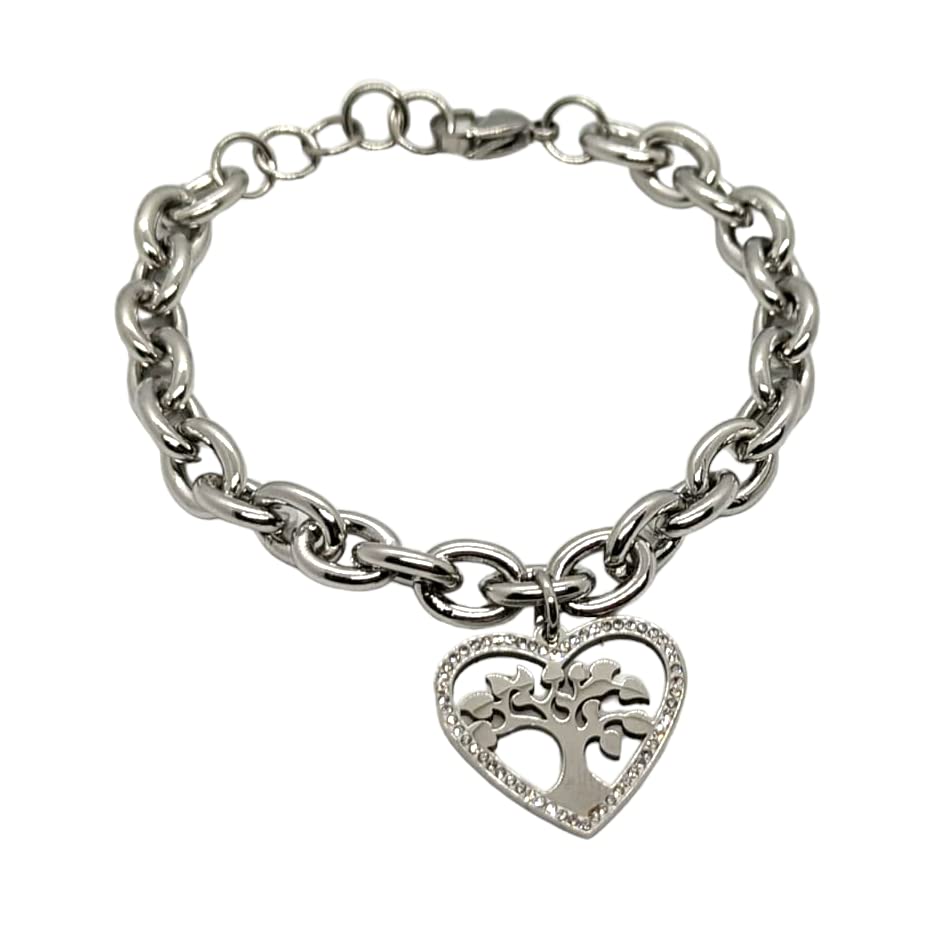 Bracciale da Donna in Acciaio con Cuore Albero della Vita Zirconi Brillantini Catena a Maglia Larga Braccialetto Compleanno Laurea Onomastico Festa della Mamma Festa della Donna Amicizia