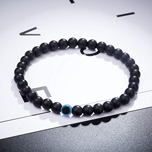 Habibi Jewels Bracciale elastico da uomo donna con pietre onice satinata 6mm e Occhio di Allah portafortuna Braccialetto