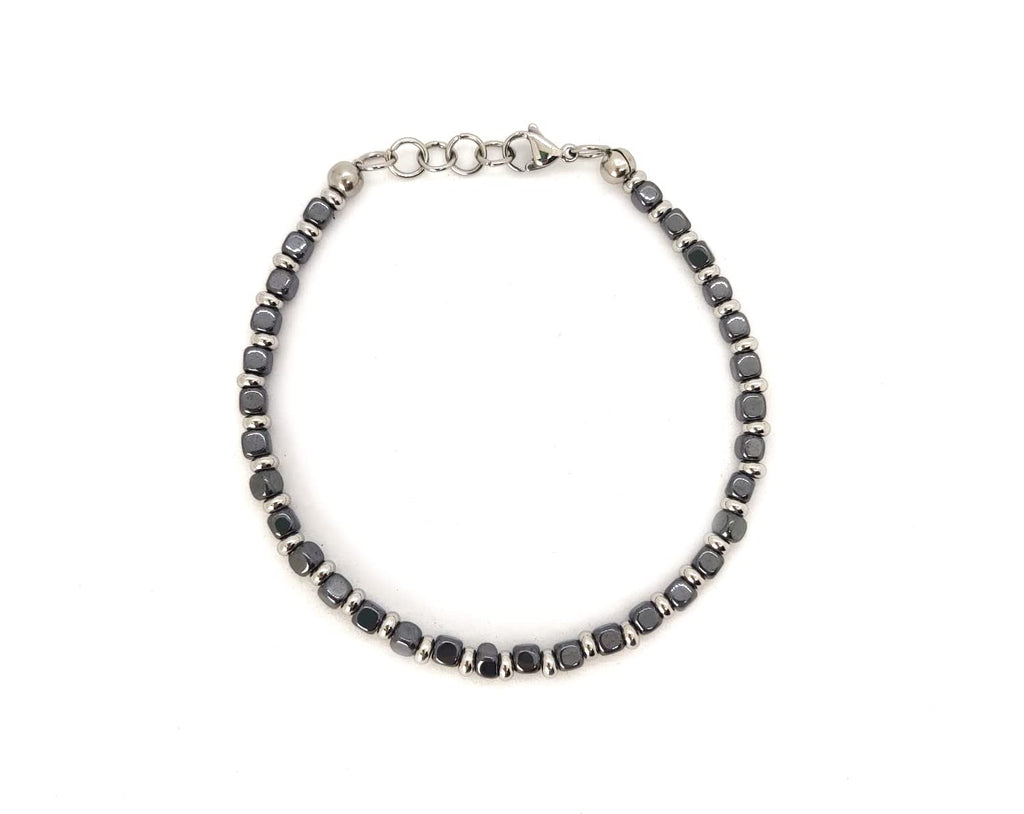 Bracciale da Uomo in Acciaio con Pietre Dure Cubi Ematite Dischetti in Acciaio Chiusura a Moschettone Lunghezza Regolabile Finitura Lucida Lavorazione Artigianale Fatto a Mano Made in Italy