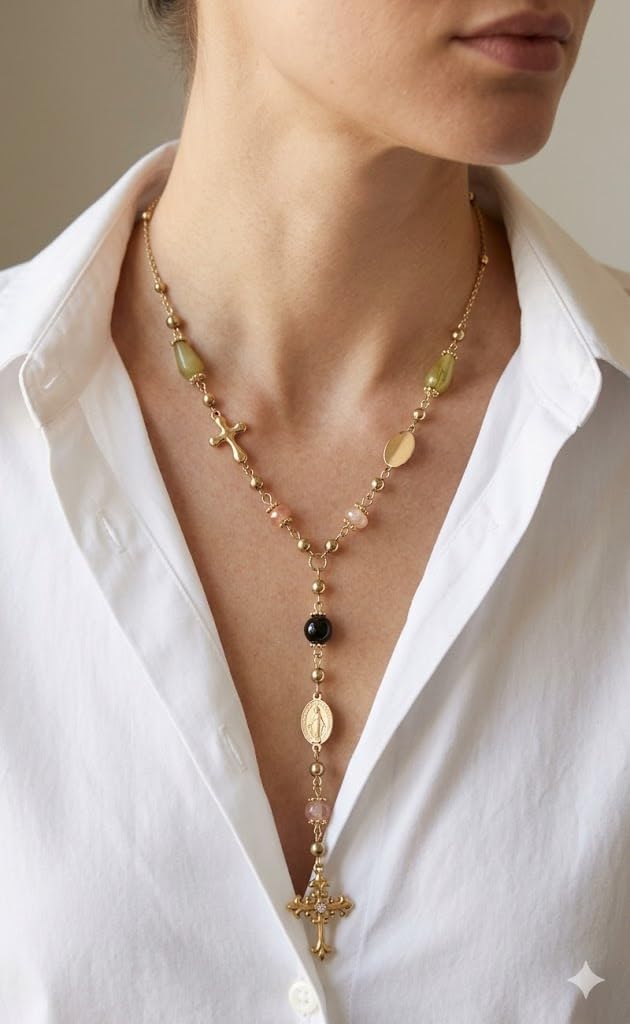 Habibi Jewels Collana Rosario da Donna in Acciaio Inossidabile Gold Dorato con Pietre Colorate e Pendente Croce, Gioiello Religioso Elegante Resistente all'Acqua