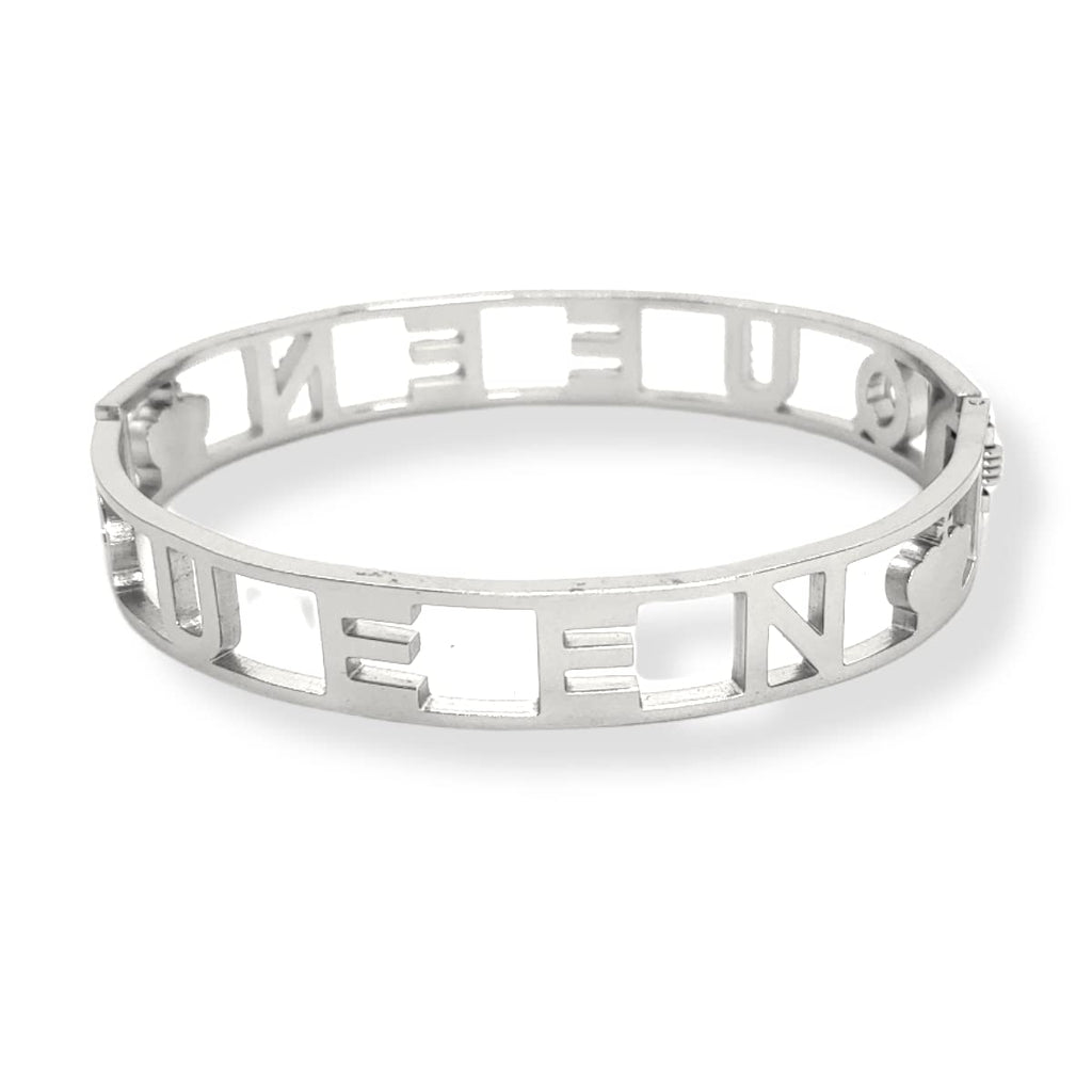 Habibi Jewels Bracciale Scritta Donna Acciaio Modello Rigido QUEEN Regina e Zirconi Bianchi Braccialetto Bracelet for woman Chiusura a Manetta Regalo Festa della Mamma Laurea Compleanno
