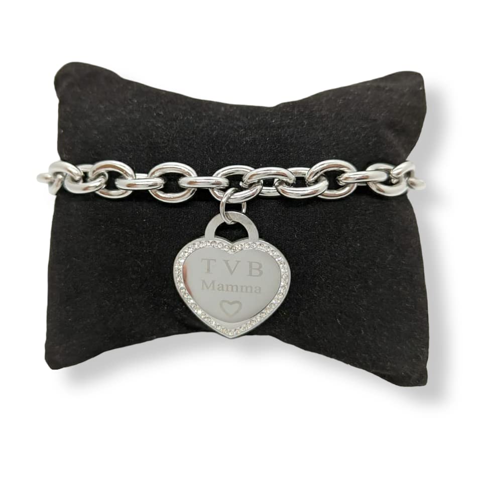Bracciale da donna in Acciaio con Cuore Scritta Frase TVB MAMMA con Zirconi Catena a Maglia Larga Braccialetto Ti Voglio Bene Compleanno Laurea Onomastico Festa della Mamma Festa della Donna