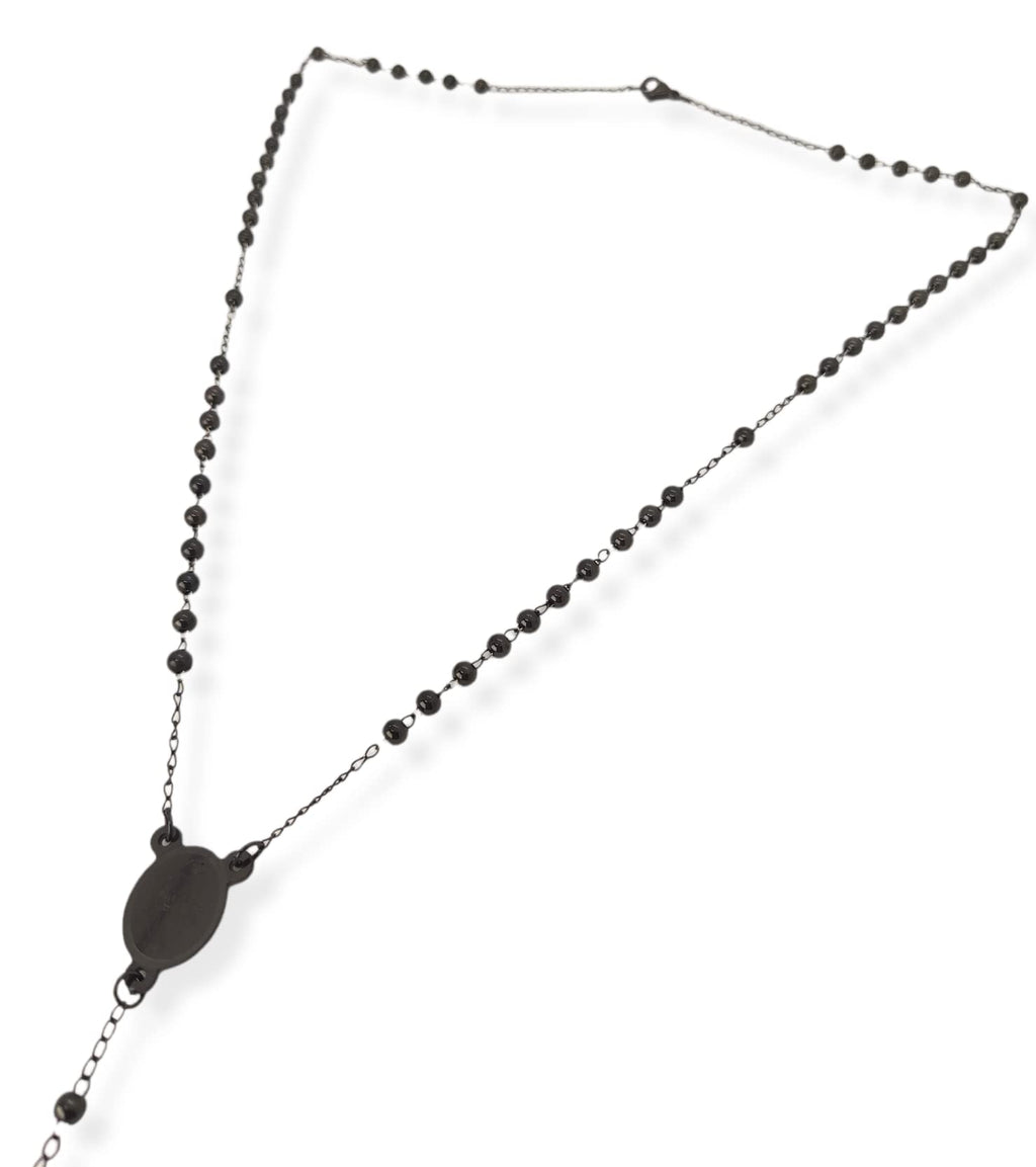 Habibi Jewels Collana Rosario in Acciaio da Uomo Donna Nera Grani Perline 4 mm Medaglietta Madonnina e Ciondolo Croce Idea Regalo Compleanno Laurea Onomastico Comunione