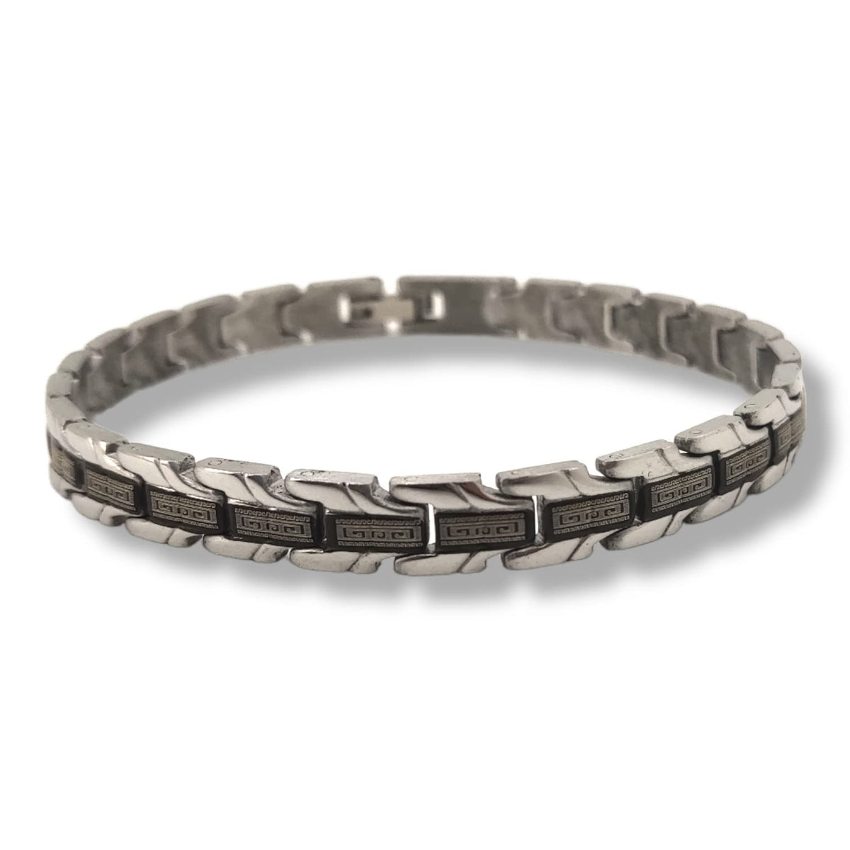 Habibi Jewels Bracciale Uomo Acciaio Modello Cinturino a Maglia con Greca Chiusura a Levetta Braccialetto Bracelet for Man Idea Regalo Festa del Papà Compleanno Onomastico Natale