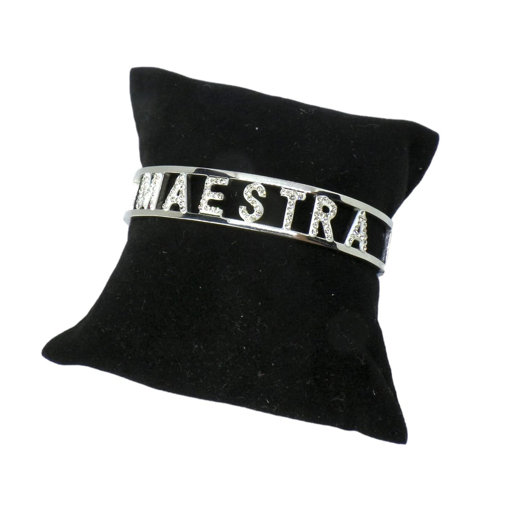 Habibi Jewels Bracciale MAESTRA in Acciaio Modello Rigido da Donna con Scritta Zirconi Bianchi Braccialetto Chiusura a Manetta Bracelet Woman Idea Regalo Insegnante Scuola Compleanno Laurea Amicizia