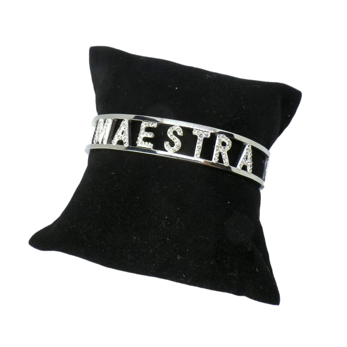 Habibi Jewels Bracciale MAESTRA in Acciaio Modello Rigido da Donna con Scritta Zirconi Bianchi Braccialetto Chiusura a Manetta Bracelet Woman Idea Regalo Insegnante Scuola Compleanno Laurea Amicizia
