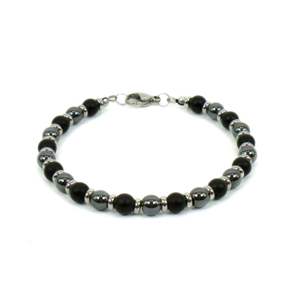 Bracciale Uomo Donna con Pietre dure naturali Onice Satinata, Ematite grigia 6 mm ed elementi in Acciaio Made in Italy artigianale Fatto a mano Braccialetto Bracelet Idea Regalo Amore Amicizia