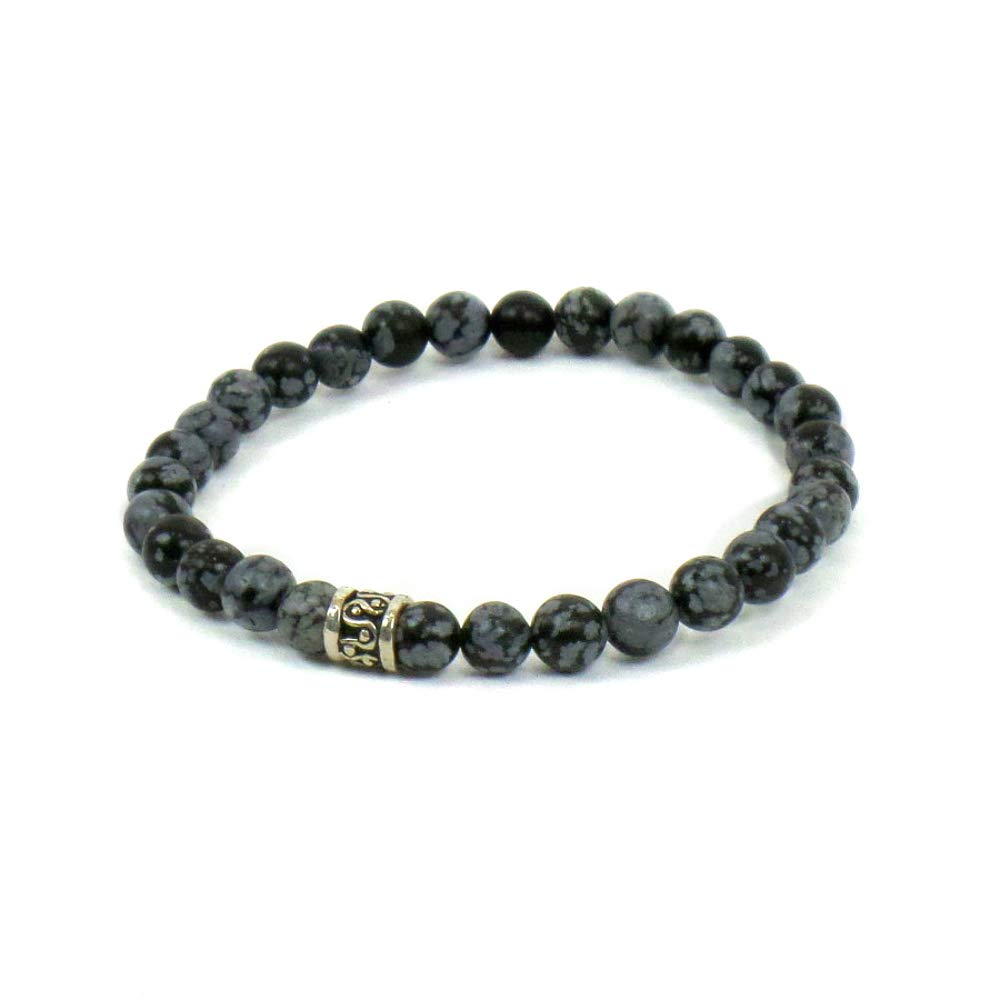 Bracciale Elastico con pietre dure naturali Ossidiana Fiocco di Neve 6 mm ed elemento centrale in argento 925 per Uomo Donna Made in Italy artigianale Fatto a mano