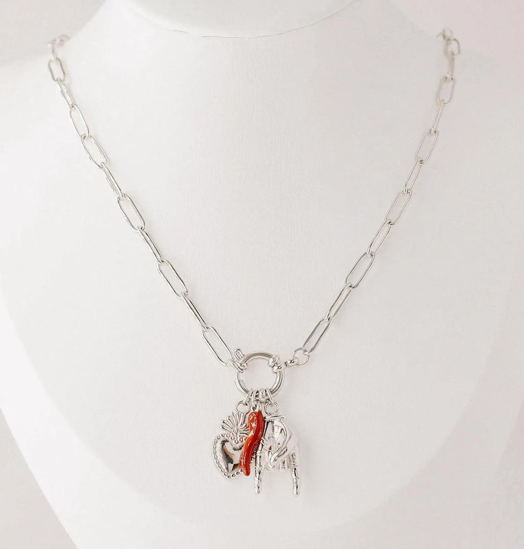 Habibi Jewels Collana da Donna in Acciaio Corno Sacro Cuore Mano Corna Catena Silver Modello Portafortuna Chiusura a Timone Idea Regalo Ragazza Compleanno Festa della Mamma Natale