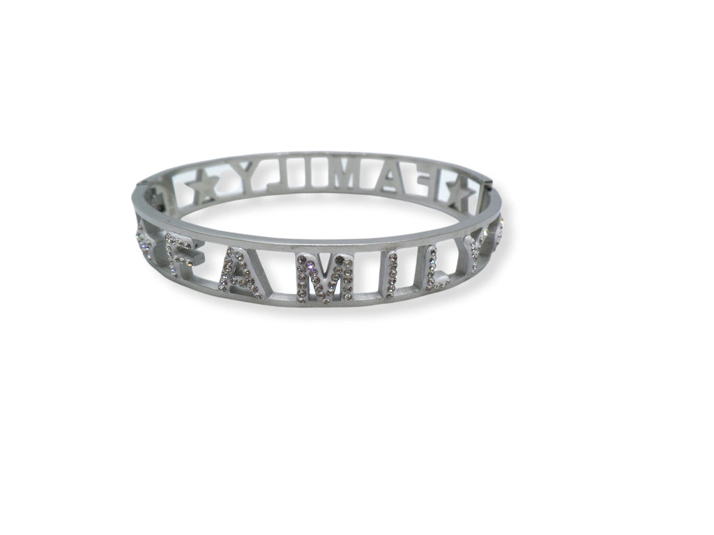 Habibi Jewels Bracciale FAMILY in Acciaio Inox Modello Rigido da Donna con Scritta Zirconi Bianchi Braccialetto Bracelet for woman Chiusura a Manetta Idea Regalo Compleanno Laurea Amicizia Amore