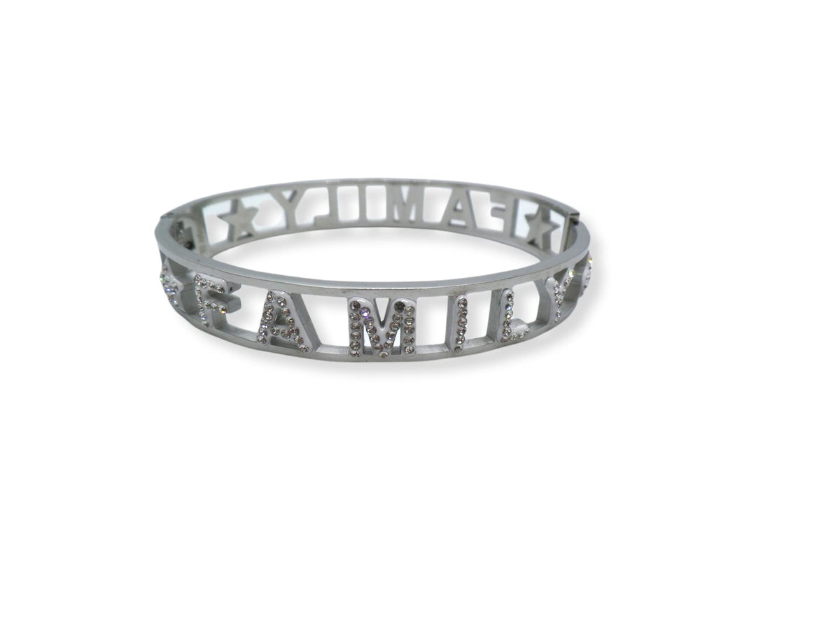 Habibi Jewels Bracciale FAMILY in Acciaio Inox Modello Rigido da Donna con Scritta Zirconi Bianchi Braccialetto Bracelet for woman Chiusura a Manetta Idea Regalo Compleanno Laurea Amicizia Amore