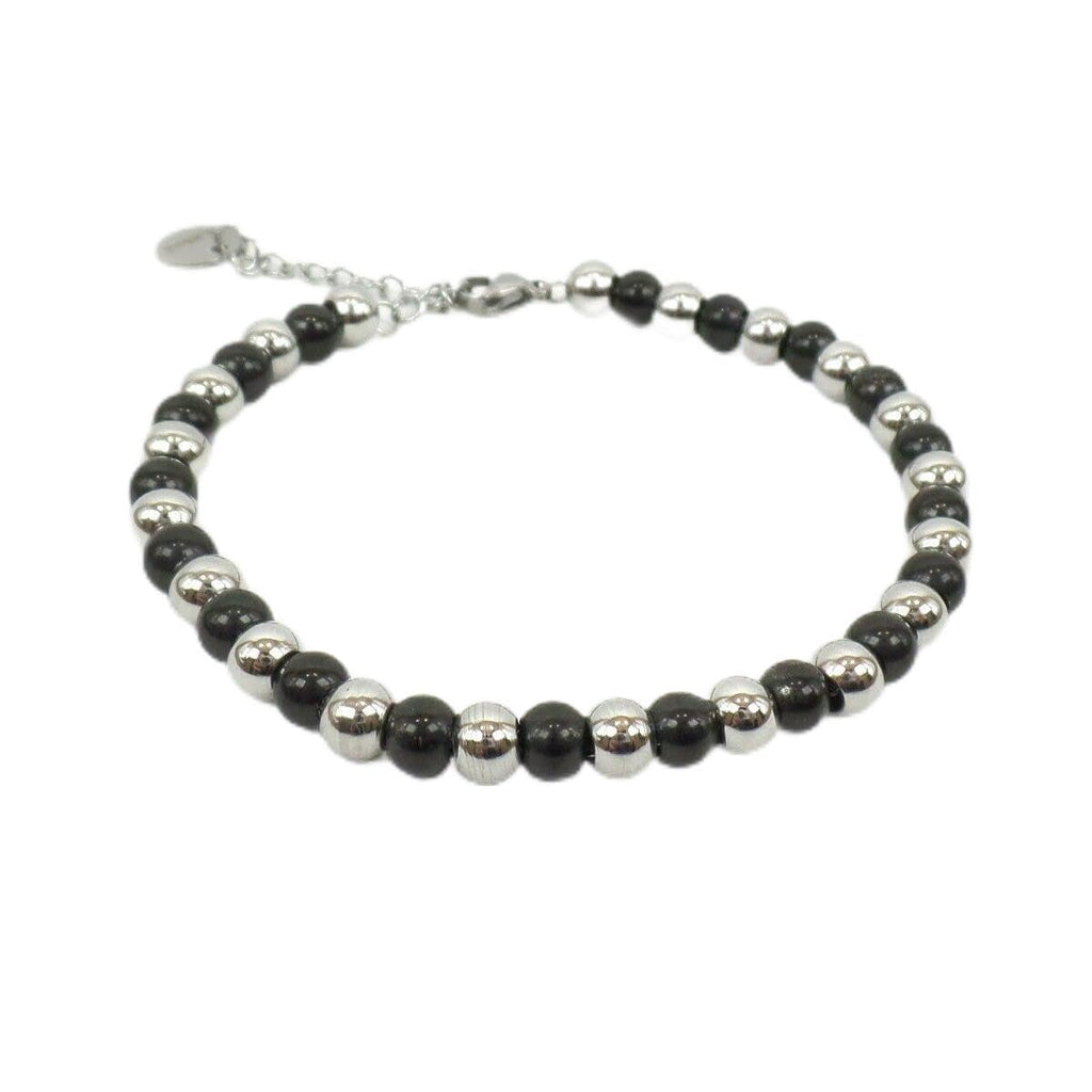 Habibi Jewels BRACCIALE UOMO DONNA SFERE 5 MM ACCIAIO INOSSIDABILE NERO E SILVER IDEA REGALO