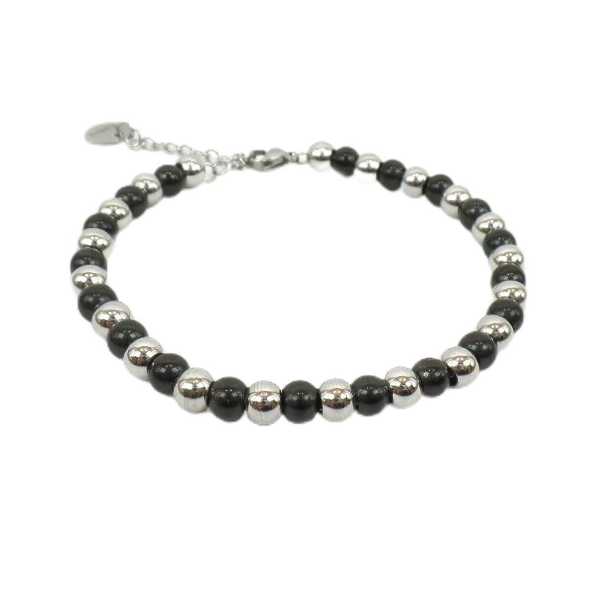 Habibi Jewels BRACCIALE UOMO DONNA SFERE 5 MM ACCIAIO INOSSIDABILE NERO E SILVER IDEA REGALO