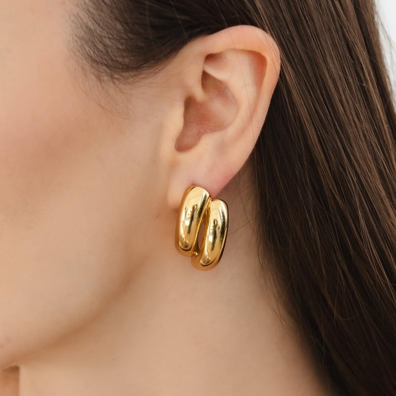 Habibi Jewels Orecchini da Donna Doppio Semicerchio Gold in Acciaio Inossidabile modello Asimmetrico Anallergico Chiusura a Farfallina Idea Regalo Compleanno Laurea Festa
