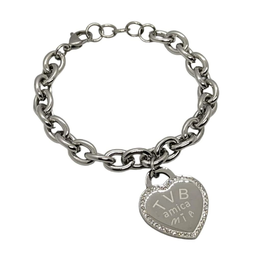 Habibi Jewels Bracciale da Donna in Acciaio con Cuore Scritta Frase TVB AMICA MIA Zirconi Catena a Maglia Larga Braccialetto Compleanno Laurea Onomastico Festa della Mamma Festa della Donna Amicizia